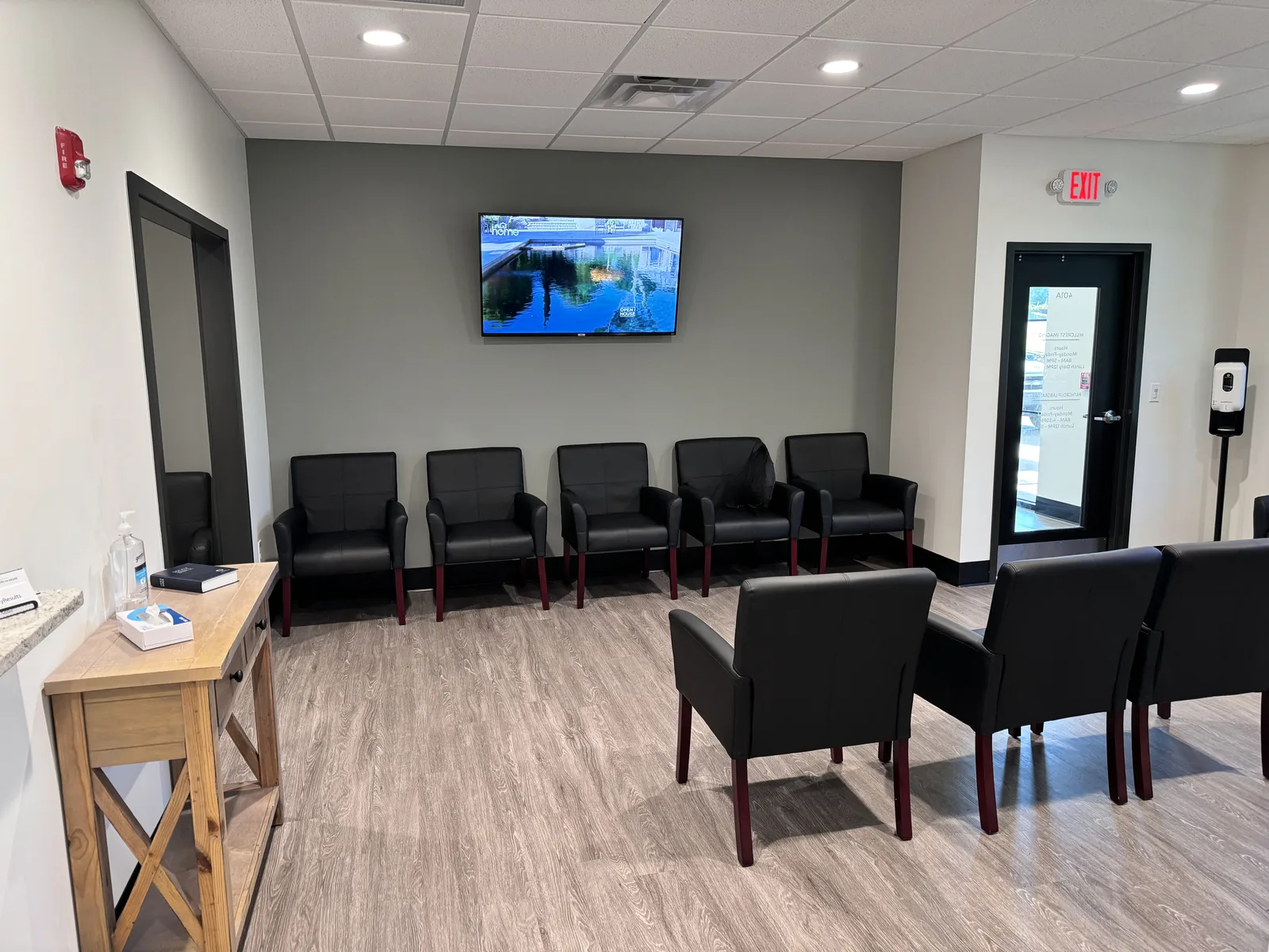 Bright hospital waiting area with seating